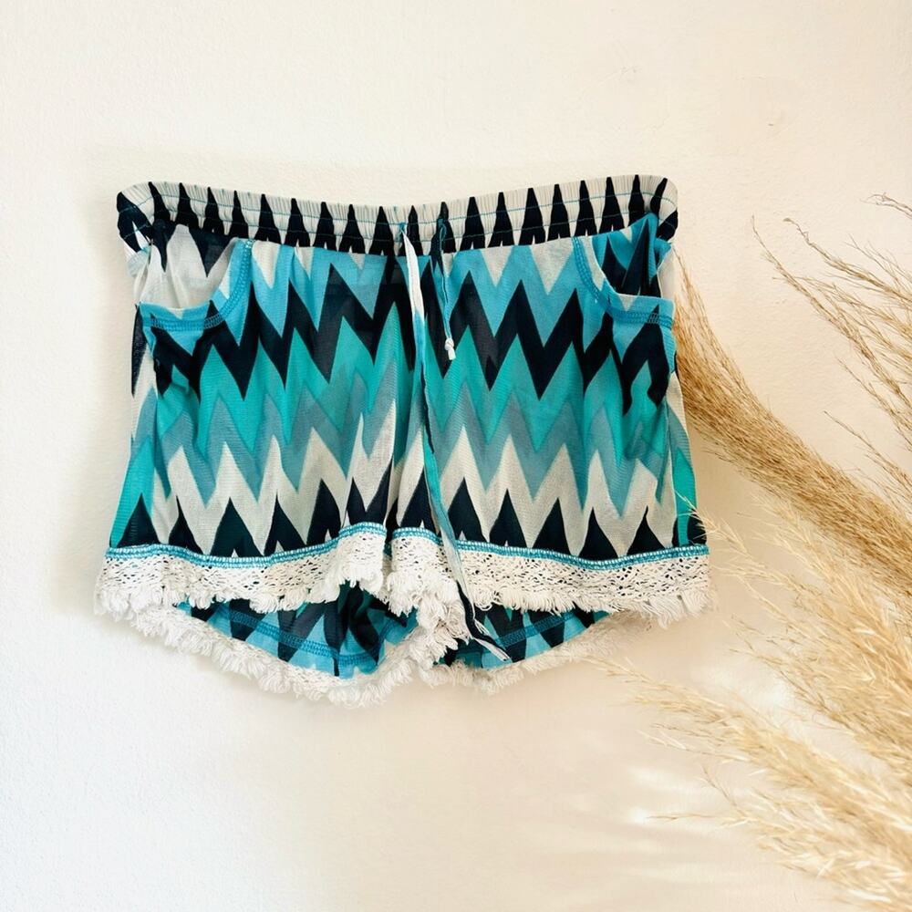 VINTAGE 90s Y2K Navy Blue Green Mesh White Crochet Lace Shorts Drawstring Tie S